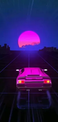 This live wallpaper features a futuristic car driving on a road at sunset, with retro-futuristic and cyberpunk-inspired art
