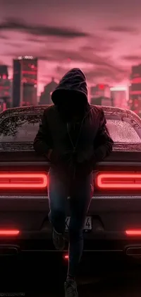 This live phone wallpaper features a cyberpunk-themed artwork of someone sitting on a futuristic car