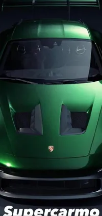 This live wallpaper features a sleek green sports car resting on a black floor with impressive gold and green emblems on its hood