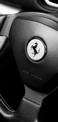 This live phone wallpaper features a striking black and white photo of a prancing horse with a Ferrari logo on its chest