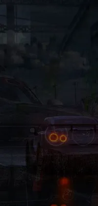 This phone live wallpaper depicts a muscle car driving through a city night scene with a graffiti background