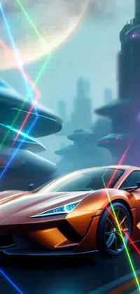 This phone live wallpaper depicts an orange sports car driving through a vibrant futuristic city
