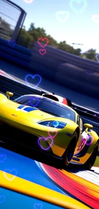 Introducing an electrifying phone live wallpaper featuring a yellow sports car racing around a track! This stunning design inspired by synthetism and contemporary art is a true masterpiece of 3D graphics