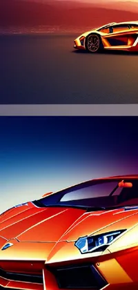 This sports car live wallpaper features two vibrant images of a red and orange Lamborghini captured in stunning detail by a digital artist