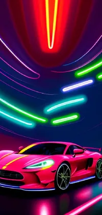 Looking for an exhilarating phone live wallpaper? Check out this stunning vector art design featuring a red sports car with neon lights in the background