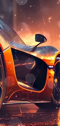 This live wallpaper depicts a supercar on a wet surface with orange flames in the background
