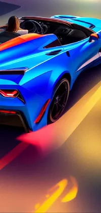 This live iPhone wallpaper depicts a blue sports car driving on a city street, with vibrant colors and intricate embellishments