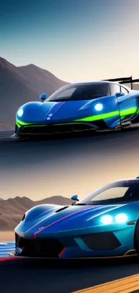 This lively phone wallpaper depicts two cars racing on a winding track with mountains in the background