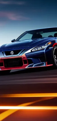 This dynamic live wallpaper boasts a blue and red sports car speeding down a race track against a gorgeous sunset backdrop