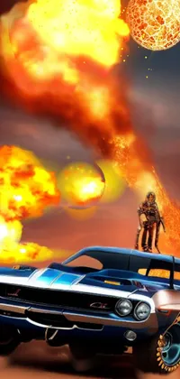 This phone live wallpaper brings an apocalyptic road warrior vibe to your device with an illustration of a man standing atop a Mopar muscle car embedded in flames
