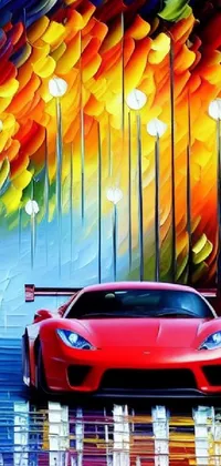 Get an eye-catching live wallpaper for your phone! This abstract art features a vibrant painting of a red sports car in the rain