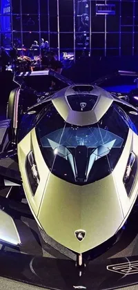 Experience the future with this ultradetailed, high-quality live wallpaper featuring a futuristic car on display in a showroom