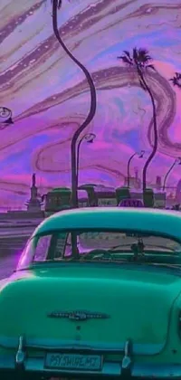 This phone live wallpaper features a vintage car parked on the side of the road in a surreal scene