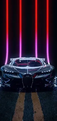 This phone live wallpaper depicts a sports car parked on a neon-lit road