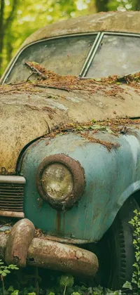 This phone live wallpaper showcases an old Renault car set in a lush forest environment