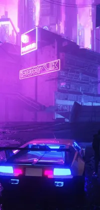 This phone live wallpaper features a dynamic cyberpunk scene of a luxurious car parked on a wet street amidst a futuristic, neon-lit cityscape