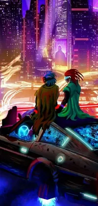 This cyberpunk live wallpaper showcases a couple positioned on top of a sports car adorned within neon lights and futuristic constructions