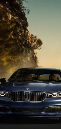 This phone live wallpaper features a blue BMW sedan driving down a sunlit road, set against a luxurious Renaissance-inspired backdrop
