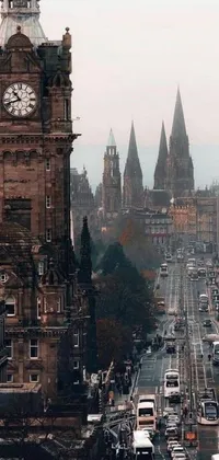 This phone live wallpaper features a Gothic castle and towering skyscrapers in a bustling Scottish style urban environment