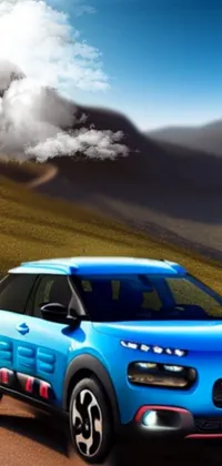 A vibrant live wallpaper for your phone depicting a blue car traversing a meandering road, flanked by towering mountains and sandy dunes in the background