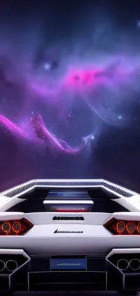 This phone live wallpaper features a striking white sports car set against a galaxy background with beautiful hues of blue, purple, and pink