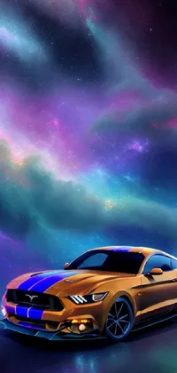 This phone live wallpaper features an orange Mustang set against a cosmic background, showcasing stunning space art in 4K HD resolution
