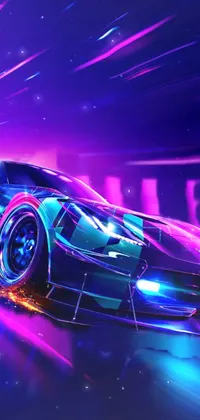 This energetic phone live wallpaper showcases a racing car on a track with a cyberpunk art style and colorful neon lights