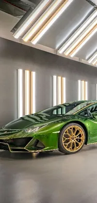 This live wallpaper showcases a green sports car parked inside a garage