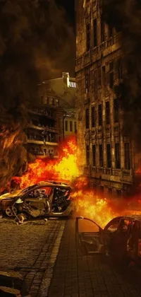 This striking phone live wallpaper depicts a fiery scene of a car ablaze in the midst of a destroyed city
