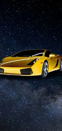 This live phone wallpaper boasts a striking yellow sports car alongside a backdrop of celestial stars and space art, all tied together with a crypto and golden theme