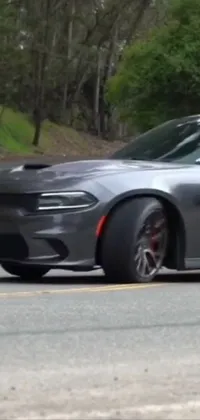This captivating live wallpaper features a gray car driving down a winding forest road, with muscle cars in the background, adding to the thrill of the scene