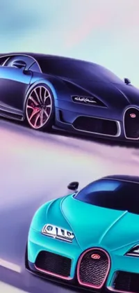Download this hyper-detailed digital art phone live wallpaper featuring a Bugatti Chiron and another luxury sports car parked side by side