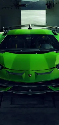 This phone live wallpaper showcases a bold green sports car parked in a spacious garage, designed with Lamborghini-style