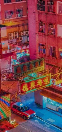 This live phone wallpaper showcases a bustling city street with a racing red car, surrounded by towering buildings and neon signs in pink, yellow, and blue