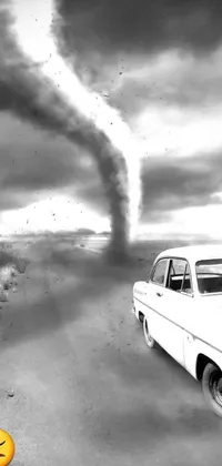 This awe-inspiring live wallpaper features a stunning black and white photograph of a car with a colossal tornado cloud looming in the distance