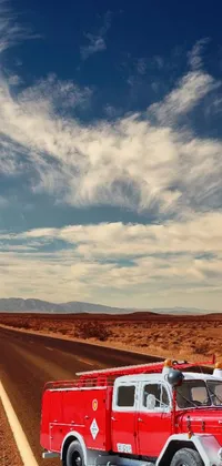 This live wallpaper showcases a red fire truck driving down a desert road, with a Cessna glider plane in the background