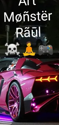 This phone live wallpaper features a vibrant pink car driving through a street at night