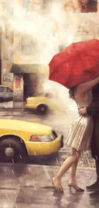 Get lost in the romantic setting of a vibrant live wallpaper depicting a couple kissing under an umbrella on a rainy day in New York City