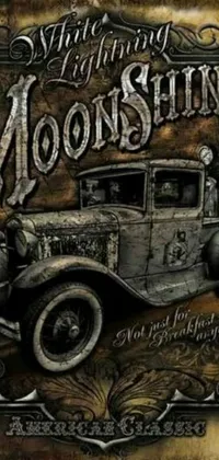 Get a taste of nostalgia with this vintage-style Live Wallpaper for your phone! Featuring an old car with the words "Moons Shine" on it, this design is inspired by an album cover with rustic elements of chewing tobacco and moonshine
