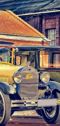 This stunning phone live wallpaper showcases two vintage cars parked side by side - one being a shiny golden Ford