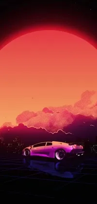 Looking for an edgy and futuristic Phone Live Wallpaper? This striking wallpaper features a sleek car parked in front of a stunning sunset with a Cyberpunk-inspired artwork