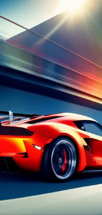 Get ready for a thrilling ride with this stunning phone live wallpaper: a red sports car speeding on a highway in a vibrant orange hue