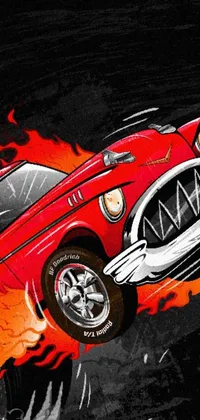 Get a fiery live wallpaper for your phone featuring a hot red car with flames bursting out of it