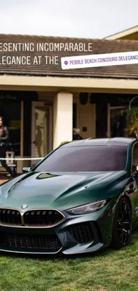 This green sports car live wallpaper depicts a sleek vehicle parked in front of a modern building