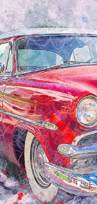 This live wallpaper displays a lively watercolor painting of a classic red car in a pop art style