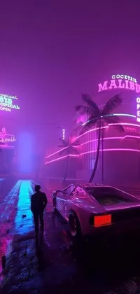 This live phone wallpaper showcases a futuristic car parked on a city street surrounded by neon lights and cyberpunk-inspired art