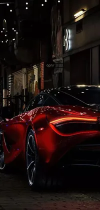 Experience the thrill of the open road with this live wallpaper! Featuring a sleek red sports car parked on a bustling city street, this digitally rendered image boasts hyperrealistic colors that burst off your screen