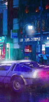 This live wallpaper features a futuristic car driving down a city street at night in the rain