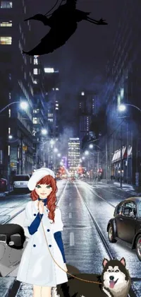 This phone live wallpaper features a fashion-forward woman walking her dog down a snowy city street at night