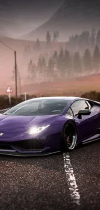 This live wallpaper features a purple sports car, renaissance-themed, parked by the side of a road, photographed from the front angle